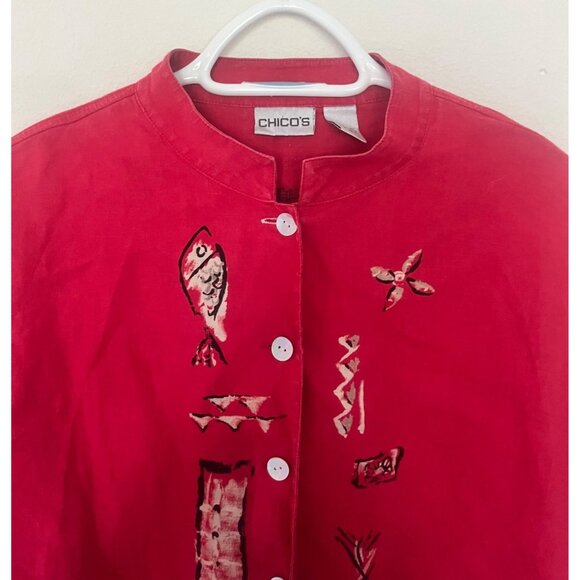 Chicos Linen Embroidered Red Button Up Shirt Size L - Picture 4 of 8